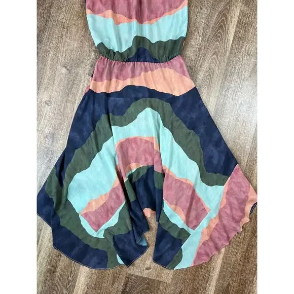 Vix Paula Hermanny Multicolor High Neck Swing Dress Flowy Midi - Picture 3 of 9